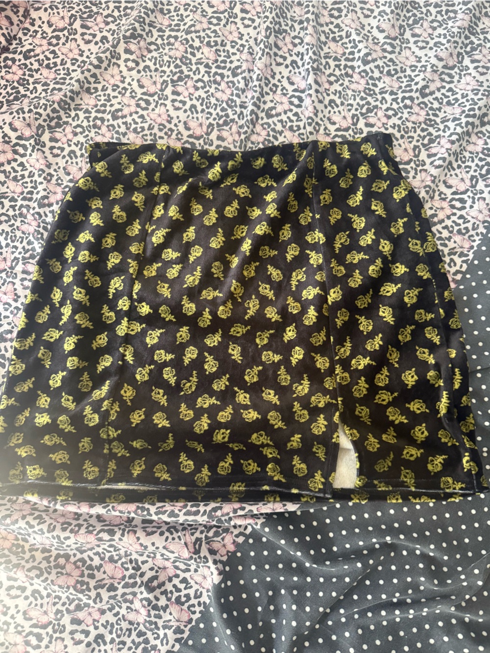bp Black Mini Skirt with Yellow Rose Print